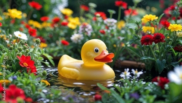 Fototapeta A yellow rubber duck floating in a pond surrounded by colorful flowers in a garden setting outdoors