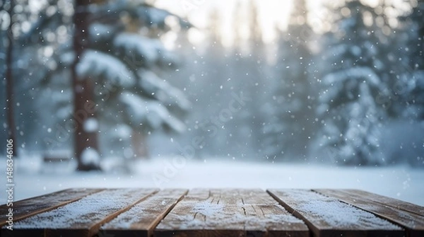 Obraz Winter Wonderland Snowfall Scene with Wooden Tabletop for Product Display - Festive Snowy Forest Background