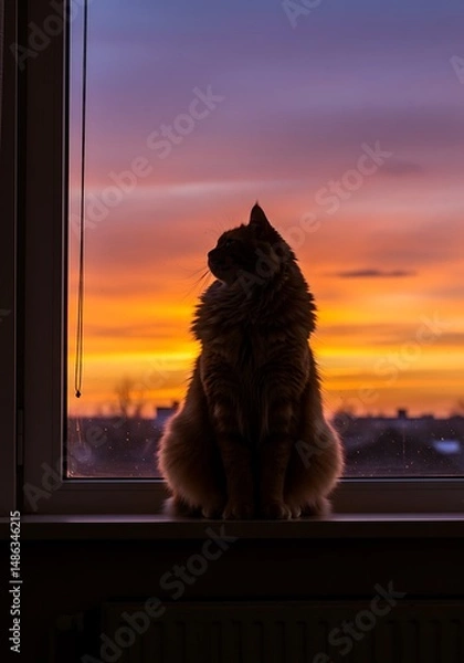 Obraz Sunset Silhouette: Feline Majesty AI Generated