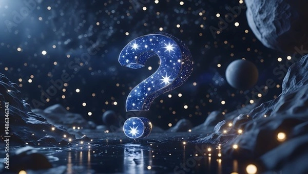 Obraz Celestial Enigma A Cosmic Question Mark Amidst Stars, Planets, and Nebulous Reflections – Unveiling the Mysteries of the Universe
