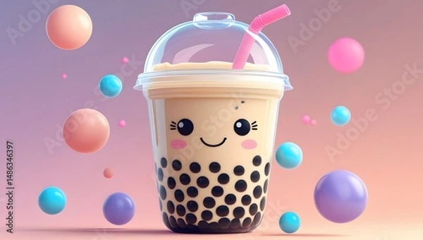 Obraz Delightful Bubble Tea A Cute and Refreshing 3D Render of a Happy Boba Drink with Colorful Balls