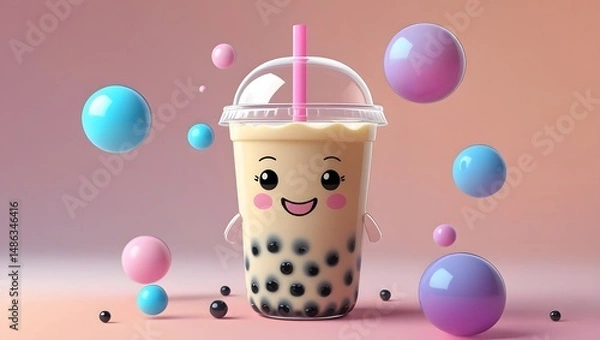 Obraz Adorable Bubble Tea Delightful 3D Render of a Cute Boba Tea Cup with Floating Colorful Balls – Perfect for Summer