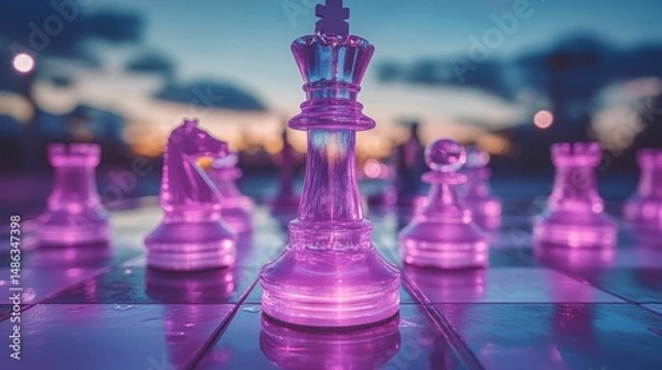 Obraz Illuminated chess pieces on a board at sunset