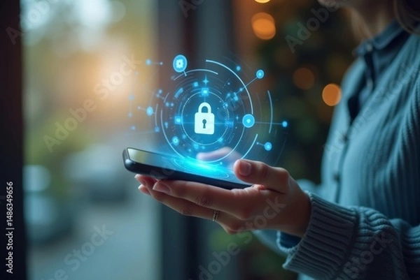 Obraz Stunning woman utilizing cutting-edge AI technology for home security through holographic display on mobile device.