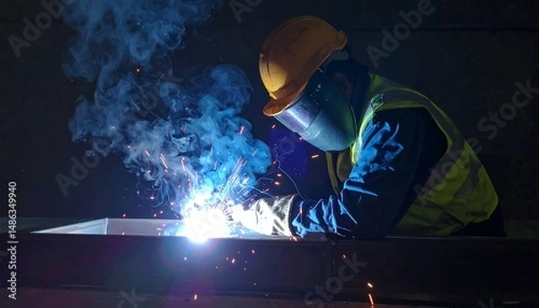 Fototapeta Welder At Work Welding Metal With Bright Sparks And Protective Gear In Low Light