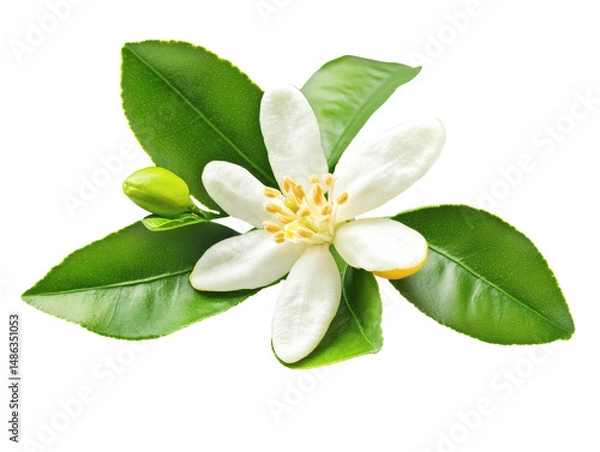 Fototapeta Orange blossom flower with white green leaves on a branch, isolated on a white background. Detailed close up with crisp focus texture. Perfect PNG transparent for botanical and nature themes.