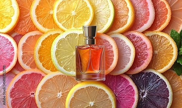 Fototapeta Vibrant perfume bottle elegantly placed among a colorful array of citrus fruit slices, creating a fresh and lively background