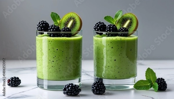 Fototapeta Two glasses filled with green smoothie topped with kiwi and blackberries on a marble surface top