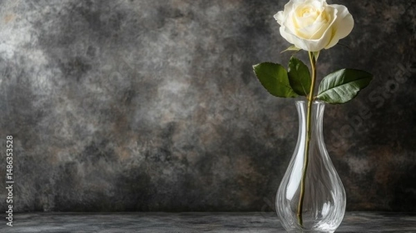 Fototapeta Single white rose in glass vase minimalist still life photography