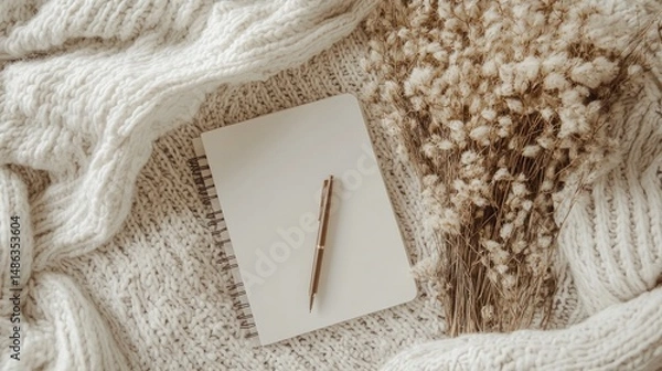 Fototapeta Blank notebook pen cream knit sweater dried flowers flatlay
