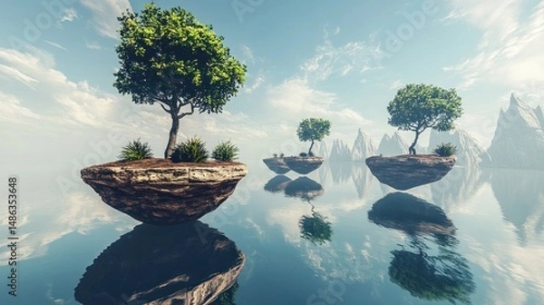 Fototapeta Floating islands with trees serene nature scene calm water reflection