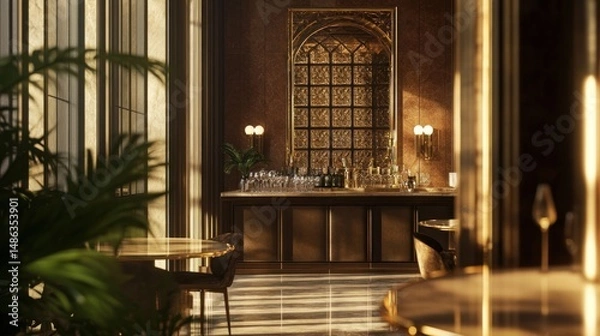 Fototapeta Luxurious bar interior with gold accents and sunlight