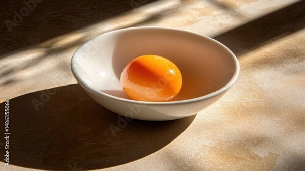 Fototapeta Single yolk in white bowl sunlight shadow minimalist food photography
