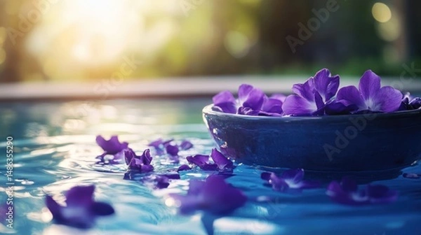 Fototapeta Purple flowers floating in blue water bowl tranquil scene spa wellness concept