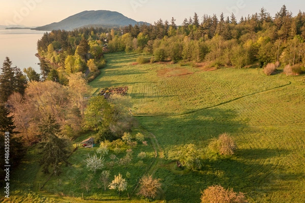 Obraz Aerial view of the east side of Lummi Island during a beautiful sunrise over the Curry Preserve.  Located in the Salish Sea with Lummi Mountain in the background and Hale Pass to the east.