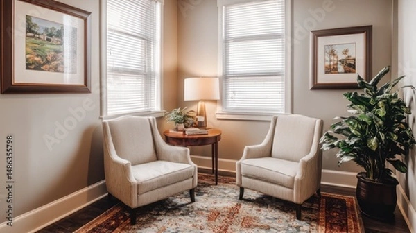 Fototapeta Cozy corner with armchairs artwork and greenery creating a calm and relaxing atmosphere