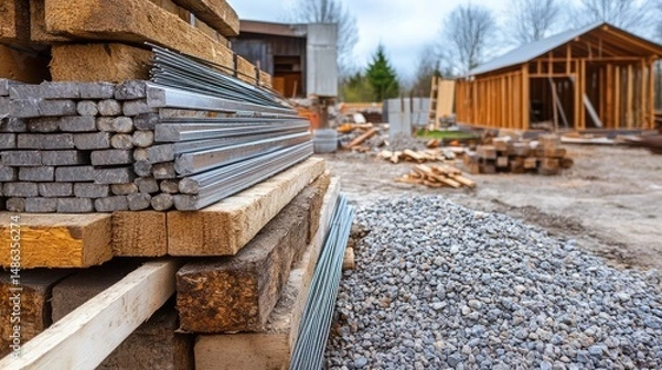 Obraz Construction materials like rebar, gravel, and cement stacked beside open foundation forms