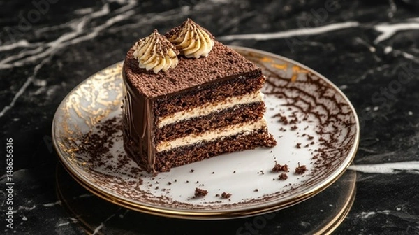 Fototapeta Decadent chocolate cake slice with creamy filling cocoa dusting elegant plate