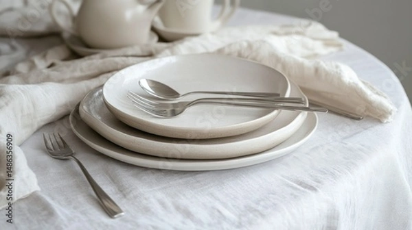 Fototapeta Stacked ceramic plates with silverware table setting neutral colors minimalist style