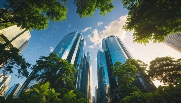Fototapeta Low angle view of tall glass buildings and green trees against a partly cloudy blue sky in the city center