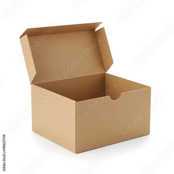 Obraz Brown kraft packaging box with lid open on white background
