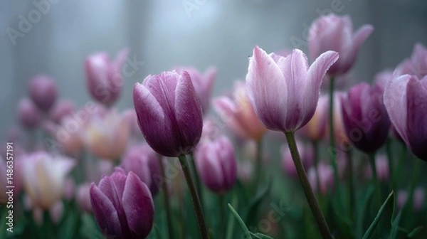 Fototapeta Tulips bathed in morning fog appearing mysterious and enchanting in soft muted colors