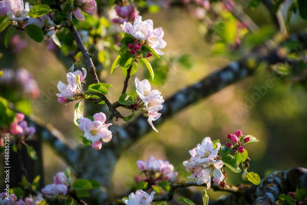 Obraz Springtime apple blossoms illuminated by warm morning light. Close up look at colorful pink flowers that signals a new season leaving winter in the rear view mirror.