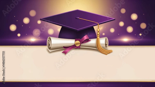 Fototapeta A purple and gold banner featuring a graduation cap and diploma, designed for graduation themes university or high school dedication or congratulation wish. Includes empty space for custom text. image
