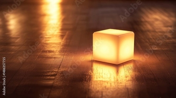 Fototapeta Illuminated cube lamp on wooden floor warm soft glow
