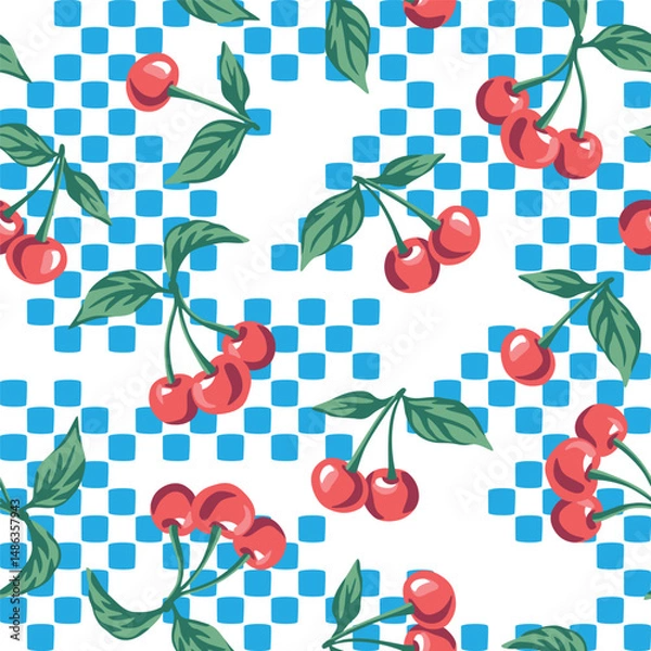 Fototapeta Red cherry seamless pattern, blue checkered background. Summer fruit wallpaper.