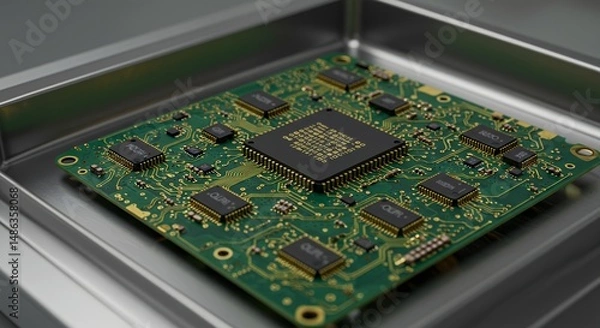 Obraz Detailed rendering of a green circuit board with an embedded processor in a silver frame