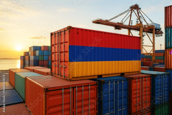 Obraz Shipping container painted in Armenia’s national colors — red, blue, and orange — placed in a port scene. Suitable for Armenian trade, export promotions, or transport visuals.
