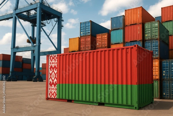 Obraz Freight container painted in the national colors and traditional pattern of Belarus, placed in a global port for export operations.
