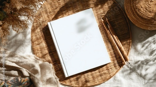Fototapeta Blank book on a woven tray, with natural elements