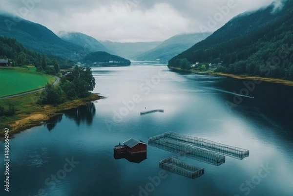 Obraz Salmon farming in tranquil Norwegian fjord surrounded by lush hills and serene waters, Aerial footage Farm salmon fishing in Norway