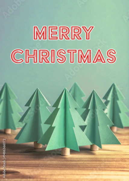 Fototapeta Forest green Scandi style DIY decor folded paper Christmas trees Merry Christmas card. Easily replace text on green background, wallpaper, backdrop.