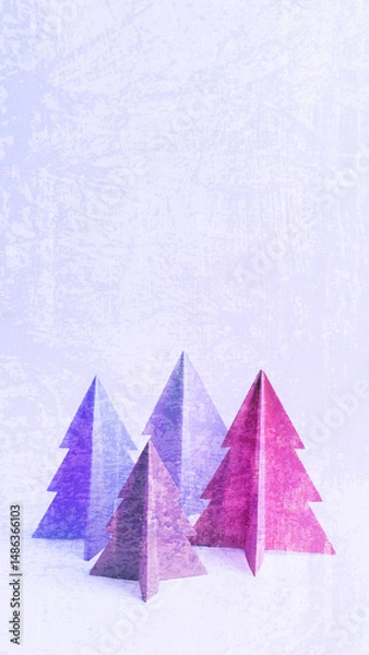 Fototapeta Mobile phone textured background with modern Christmas tree shapes in pink and purple. Smartphone background has space for your photo, text.