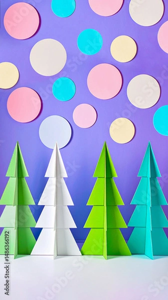 Fototapeta Cute DIY style trendy Nordic Noel folded paper Christmas tree decorations mobile backgrounds in bright turquoise green pink and purple with cut out polka-dots