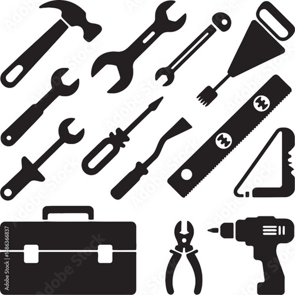 Obraz Black and white tool icons set handyman repair kit
