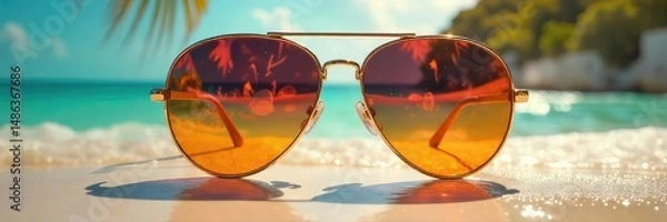 Fototapeta A pair of stylish sunglasses mirrored together, reflecting a vibrant, sunny scene Perfect for themes of friendship, unity, and shared experiences , friendship, relationship