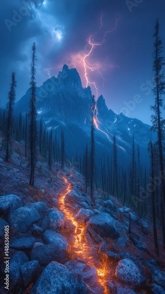 Fototapeta Mountain path illuminated by lightning
