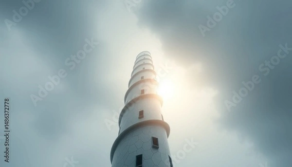 Fototapeta Dramatic spiral tower reaches sunlit clouds, abstract architecture