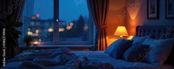 Fototapeta Serene night scene featuring a cozy bedroom with soft lighting, plush pillows, and a comfortable bed, perfect for peaceful sleep and relaxation , serene, comforting