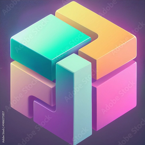 Obraz geometric puzzle, interlocking blocks, cube structure, 3D construction, spatial design, modular shape, abstract geometry, mechanical concept, structural arrangement, puzzle piece assembly, three-dimen