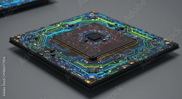 Fototapeta Detailed rendering of a futuristic photonic processor highlighting intricate circuitry and pathways