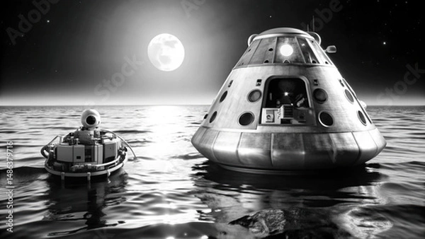 Fototapeta Futuristic spacecraft and small probe are depicted on tranquil water surface under bright moon, evoking sense of exploration and wonder in serene environment