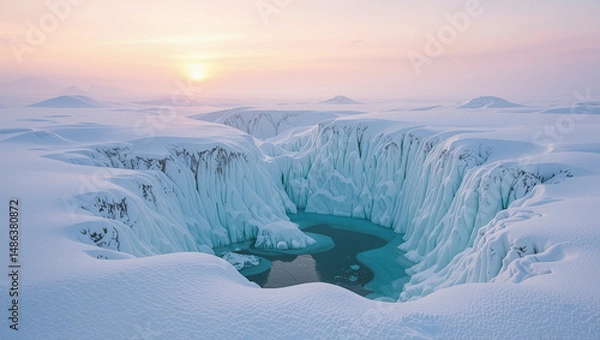 Fototapeta Breathtaking view of icy tundra featuring frozen waterfall cascading into serene pool, surrounded by snow covered landscapes and soft pastel skies at sunset