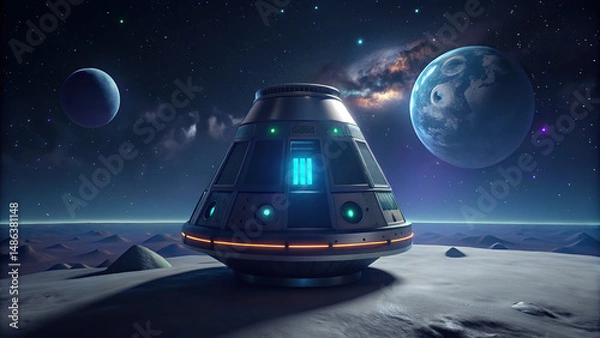Fototapeta Futuristic reinterpretation of space capsule sits on lunar landscape, illuminated by glowing blue panel. scene features distant planets and starry sky, evoking sense of exploration and wonder