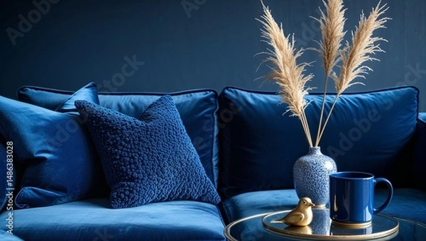 Fototapeta A blue velvet sofa with pillows and a table with a vase and a mug in a dark blue room setting