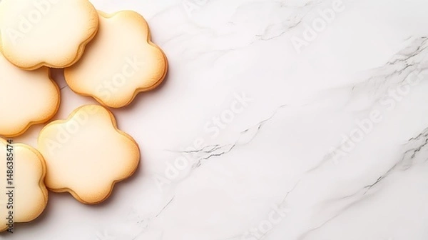 Fototapeta Flower shaped cookies rest on a white marble surface with veining details. - high quality Flower shaped cookies rest on a white marble surface with ve